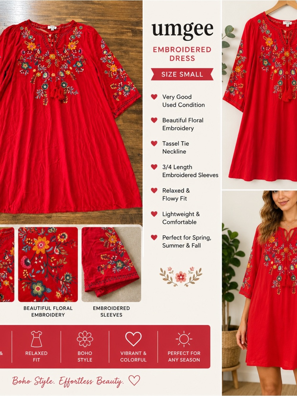 Umgee Red Dress Embroidered Flowers Boho Sz Small (e1)